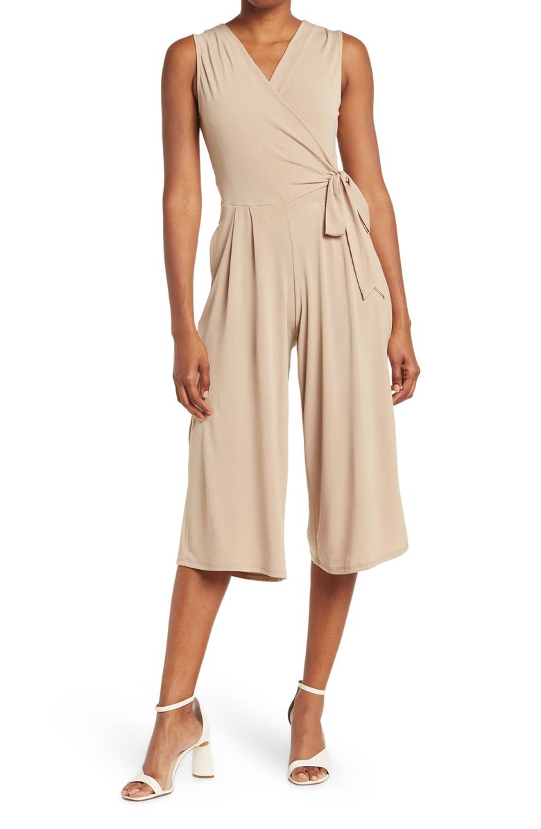 Nina Leonard Surplice Wrap Crop Jumpsuit, Main, color, New Camel