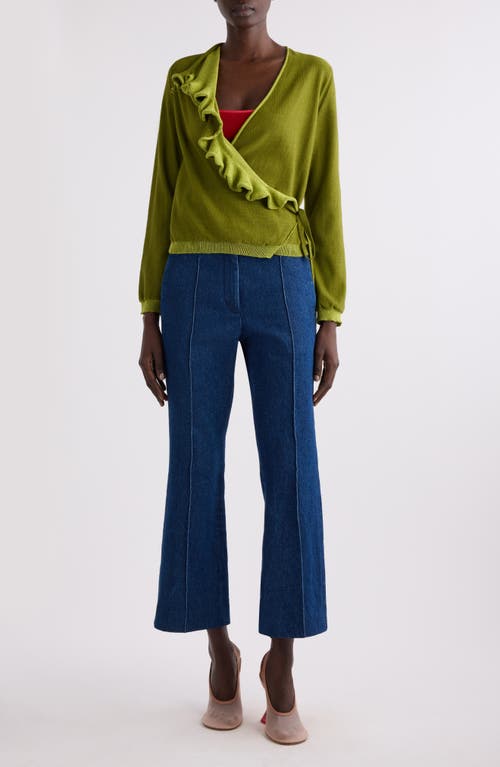 Dries Van Noten Two-tone Ruffle Wrap Cardigan In Olive