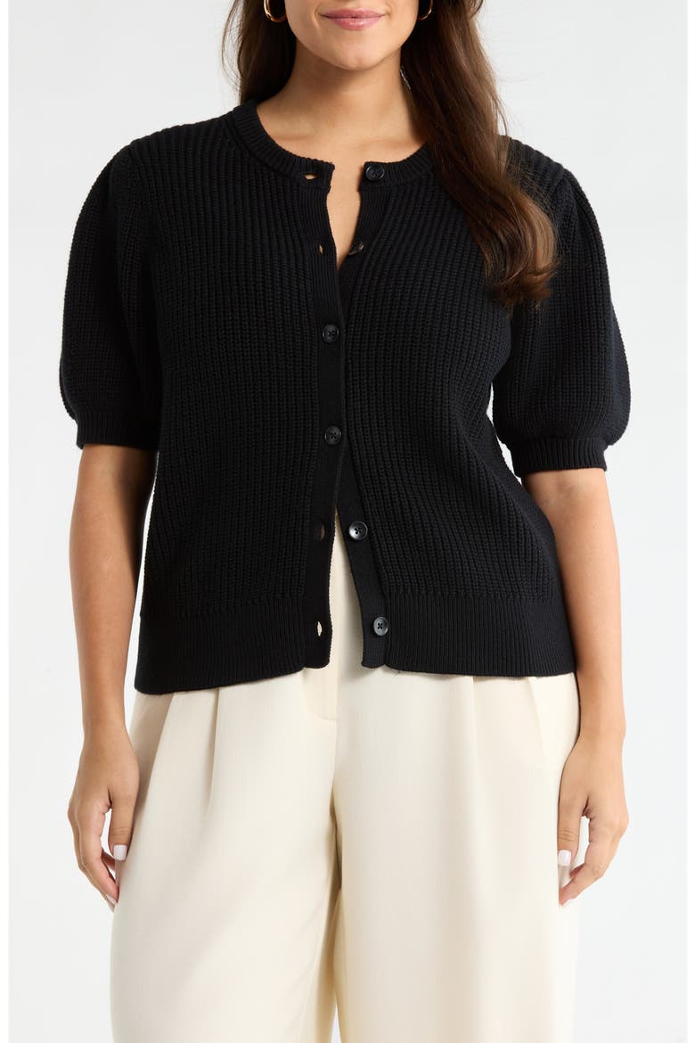 Puff Sleeve Cotton & Merino Wool Cardigan, Main, color, BLACK