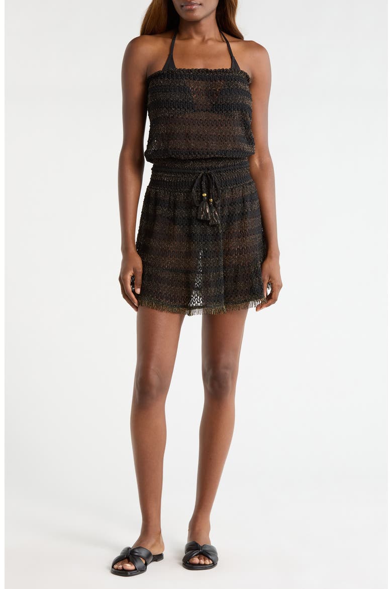 Swirl Lauryn Strapless Sheer Cover-Up Mini Sundress, Main, color, BLACK METALLIC ZIGZAG