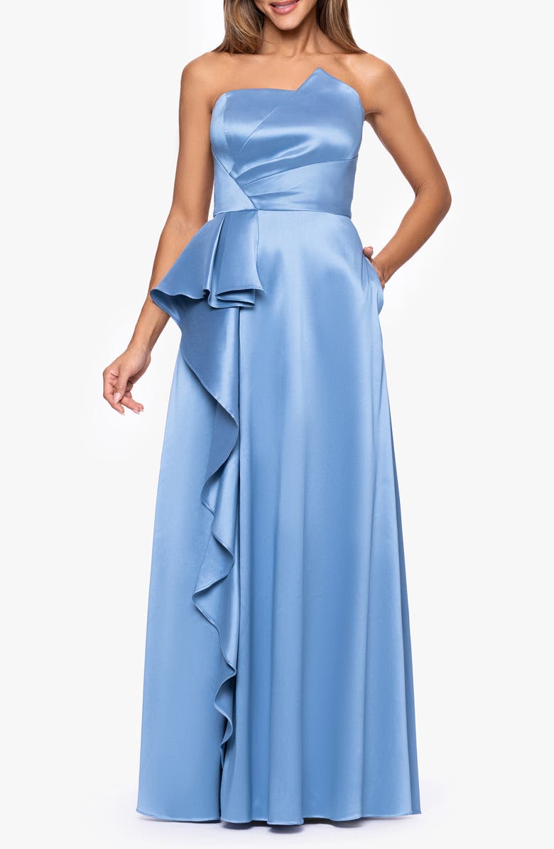 Xscape Evenings Asymmetric Strapless Stretch Satin Gown, Main, color, Slate