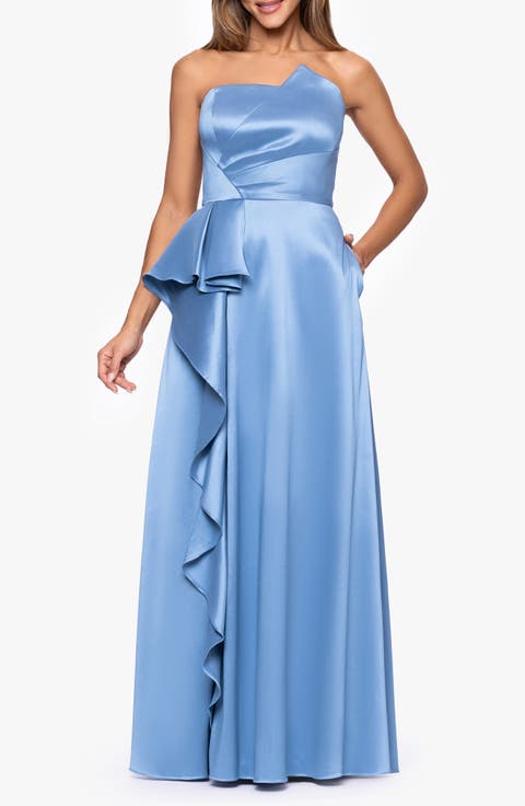 Asymmetric Strapless Stretch Satin Gown