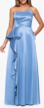 Xscape Evenings Asymmetric Strapless Stretch Satin Gown