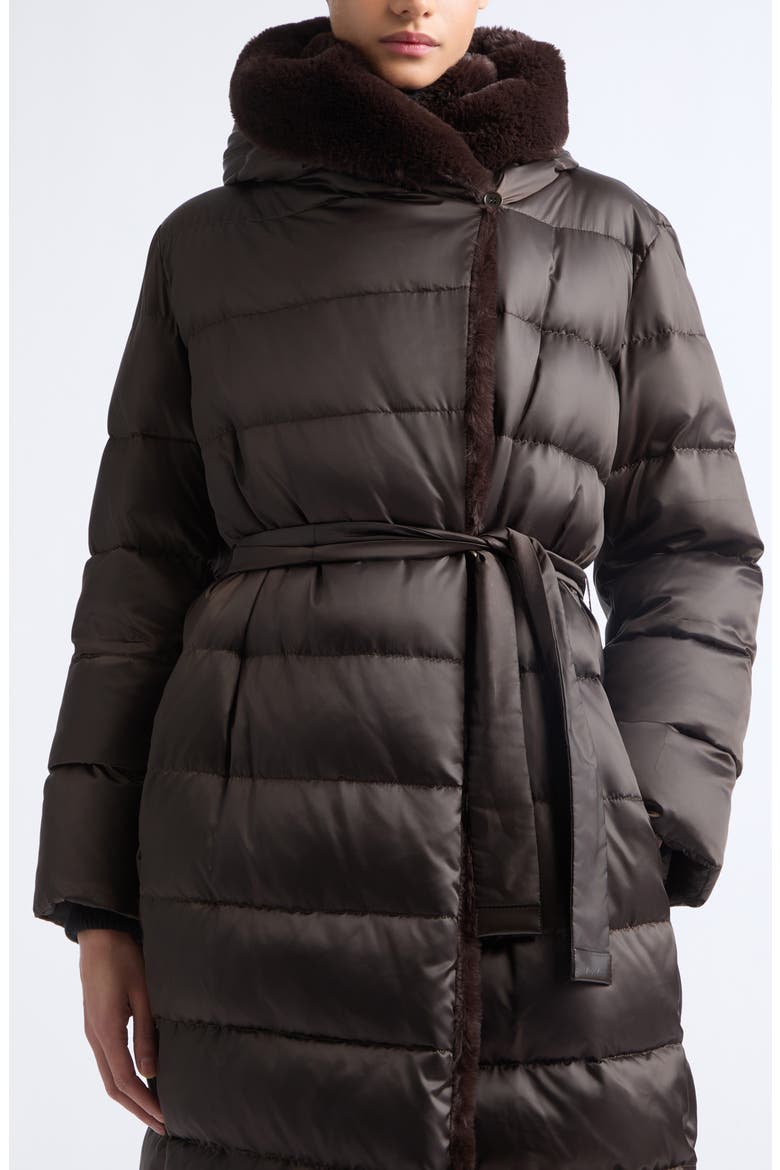 Medusa Belted Puffer Coat with Faux Fur Trim, Alternate, color, BROWN