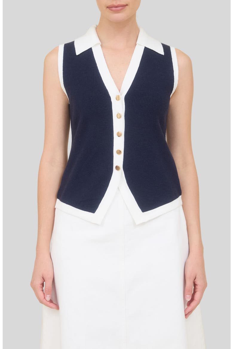 Sleeveless Button-Up Sweater, Main, color, NAVY/ WHITE