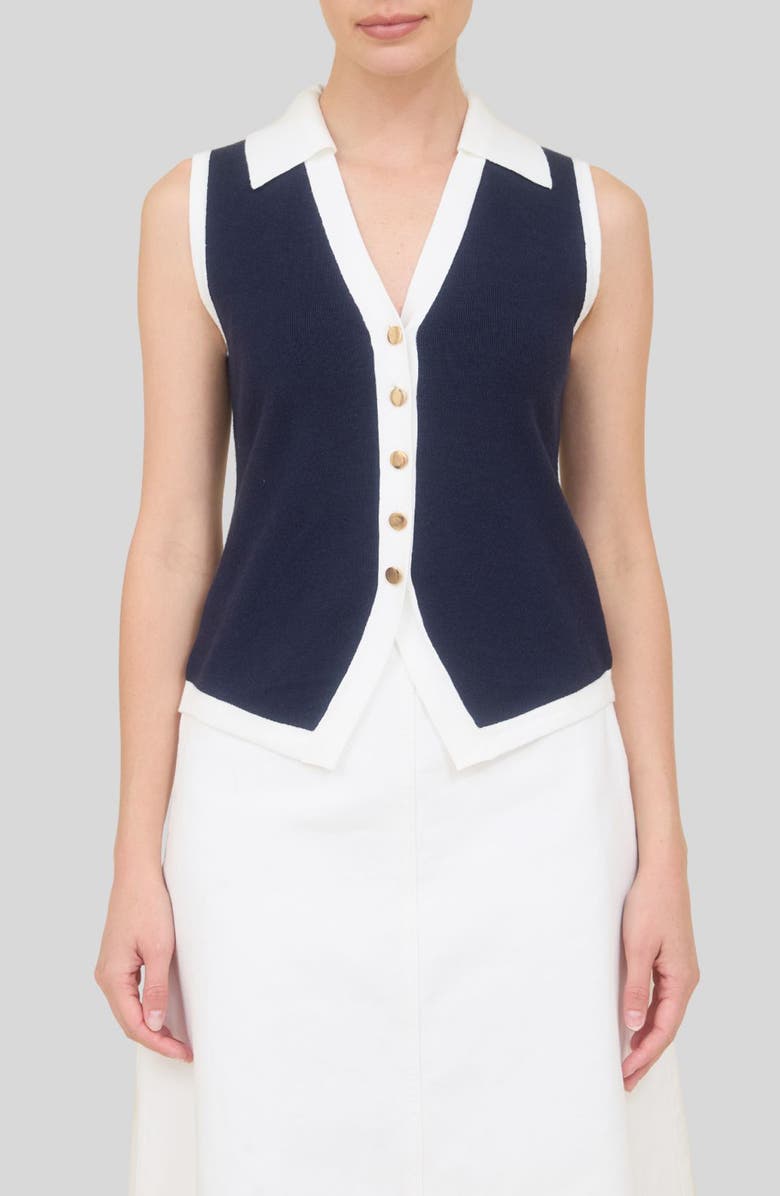 ZOE AND CLAIRE Sleeveless Button-Up Sweater, Main, color, Navy/ White