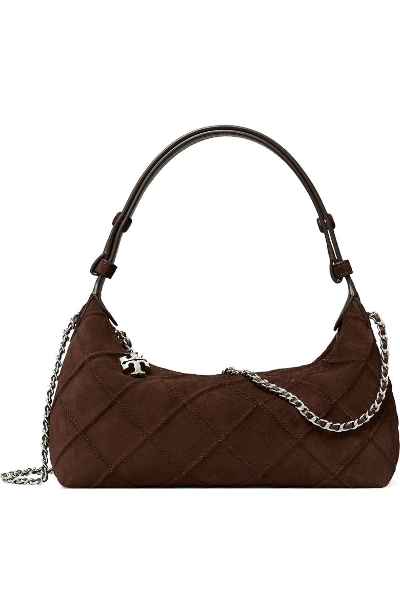 Tory Burch Fleming Pochette Quilted Suede Shoulder Bag, Main, color, Dark Cocoa