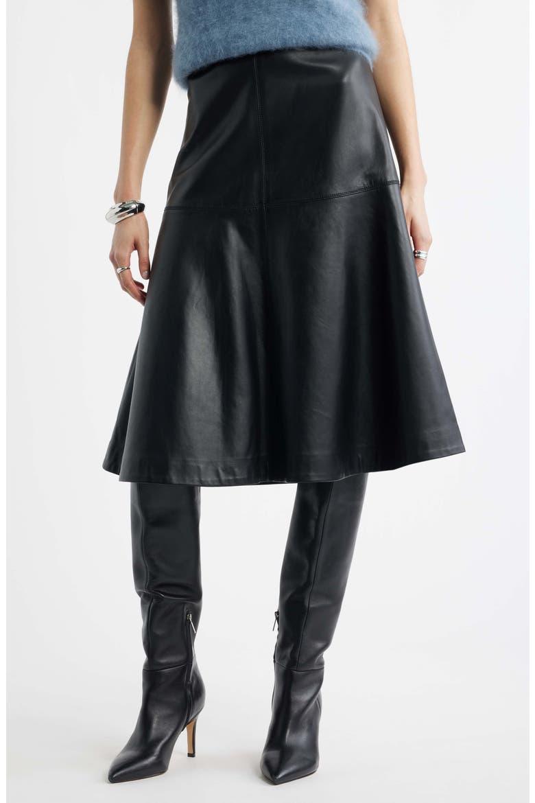 Leather A-Line Midi Skirt, Main, color, BLACK