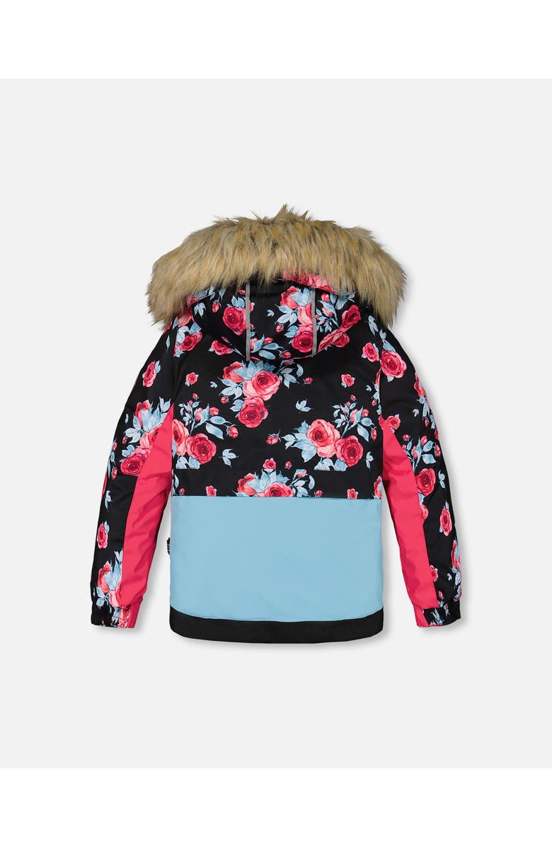 Deux par Deux Girl's Two Piece Snowsuit Printed Roses With Solid Pant Black, Alternate, color, 