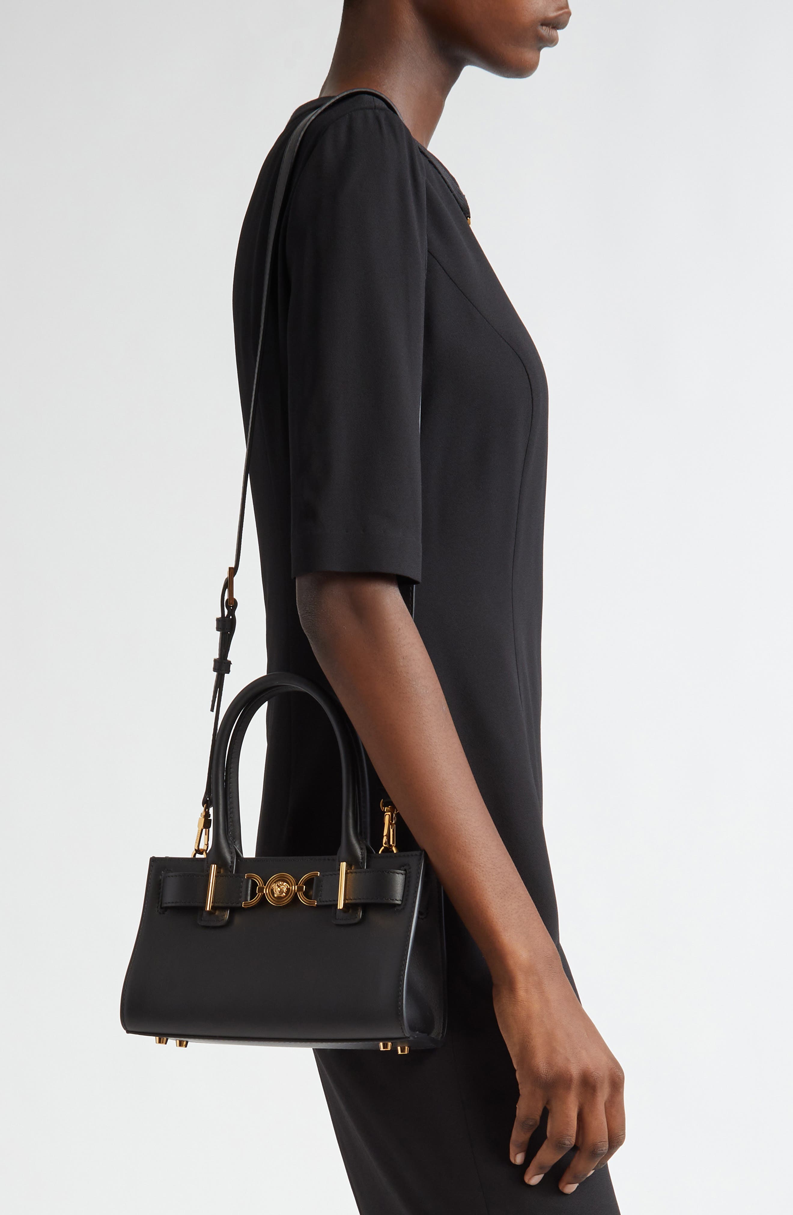 Versace Medusa Small Belted Leather Tote, Alternate, color, Black-Versace Gold