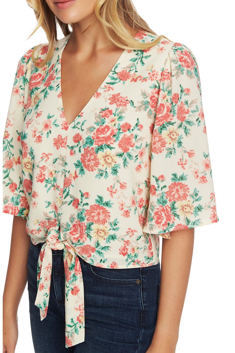 Ikat Bouquet Tie Front Top, Alternate, color, S.ECRU MULTI