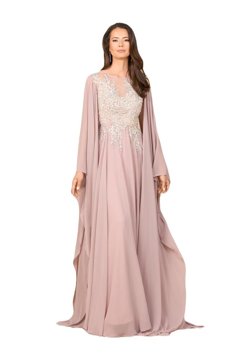 Chiffon A-line Long Gown with Cape Sleeves, Alternate, color, Dusty Rose