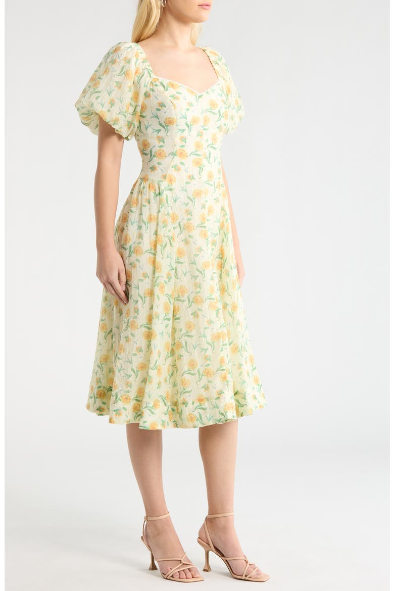 Mayra Puff Sleeve Midi Dress, Alternate, color, YELLOW MULTI FLORAL