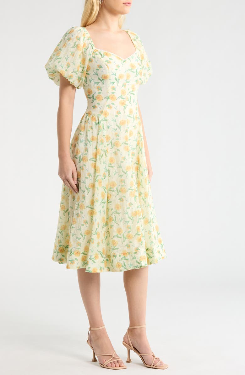 ASTR the Label Mayra Puff Sleeve Midi Dress, Alternate, color, Yellow Multi Floral