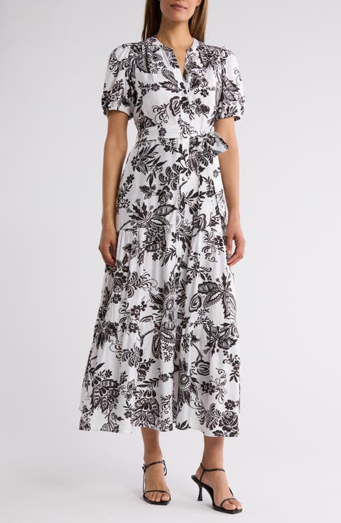 Paisley Puff Sleeve Tiered Maxi Shirtdress