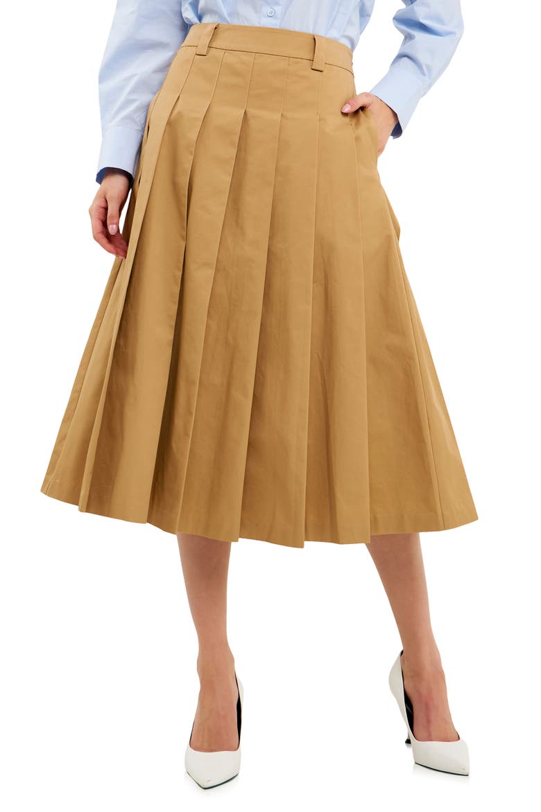 Pleated Cotton Midi Skirt, Main, color, TAN