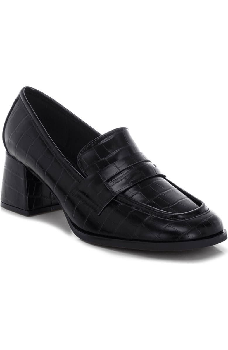 LONDON RAG Pitaka Penny Strap Croc Embossed Flared Block Heel Loafer, Main, color,