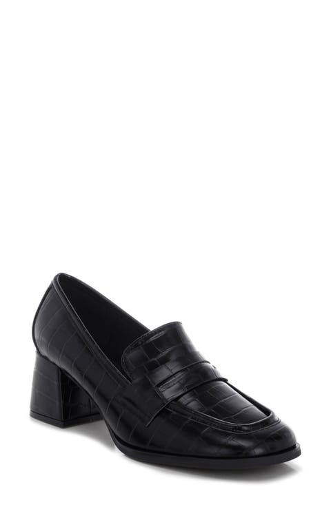 Pitaka Penny Strap Croc Embossed Flared Block Heel Loafer (Women)