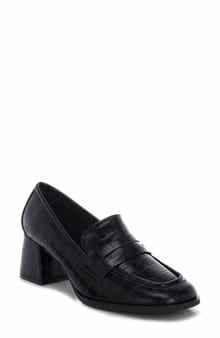 LONDON RAG Pitaka Penny Strap Croc Embossed Flared Block Heel Loafer