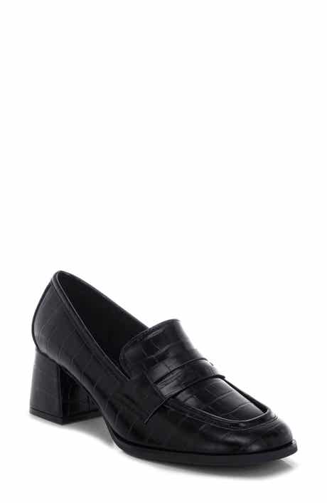 LONDON RAG Pitaka Penny Strap Croc Embossed Flared Block Heel Loafer