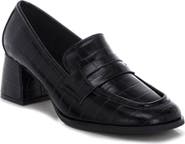 LONDON RAG Pitaka Penny Strap Croc Embossed Flared Block Heel Loafer