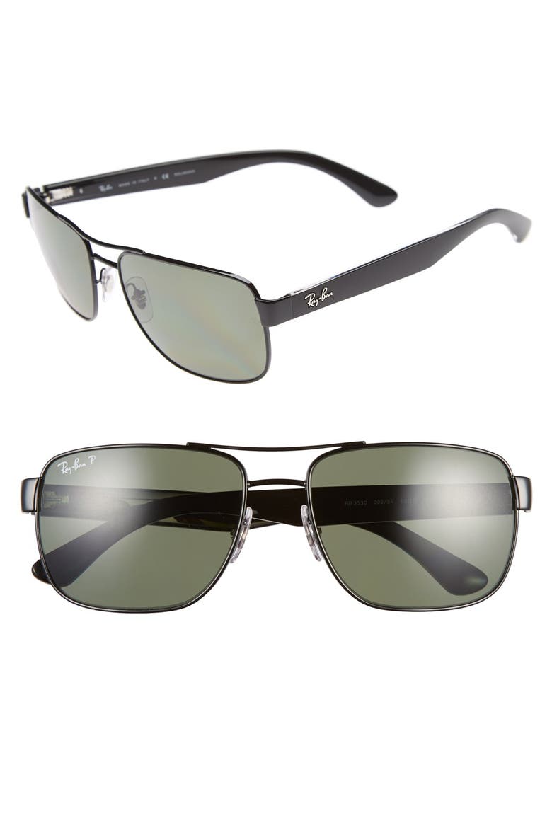 58mm Steel Aviator Polarized Sunglasses, Main, color, BLACK/ GREY/ GREEN