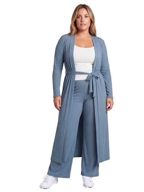 Curvy Basic Long Sleeve Tie Waist Soft Jacket and Elastic Waist Wide Leg Pant Set