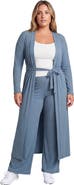 24seven Comfort Apparel Curvy Basic Long Sleeve Tie Waist Soft Jacket and Elastic Waist Wide Leg Pant Set