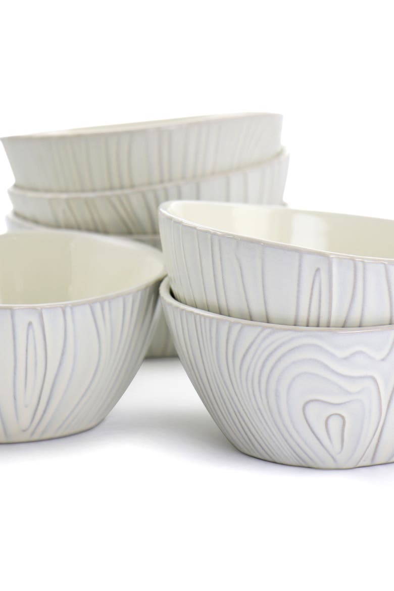 6 Piece Wood Patterned Cereal Bowl Set in Off-White, Alternate, color, White