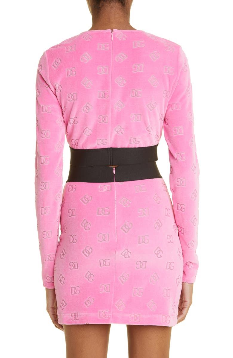 Dolce&Gabbana Flocked DG Monogram Long Sleeve Jersey Crop Top, Alternate, color,