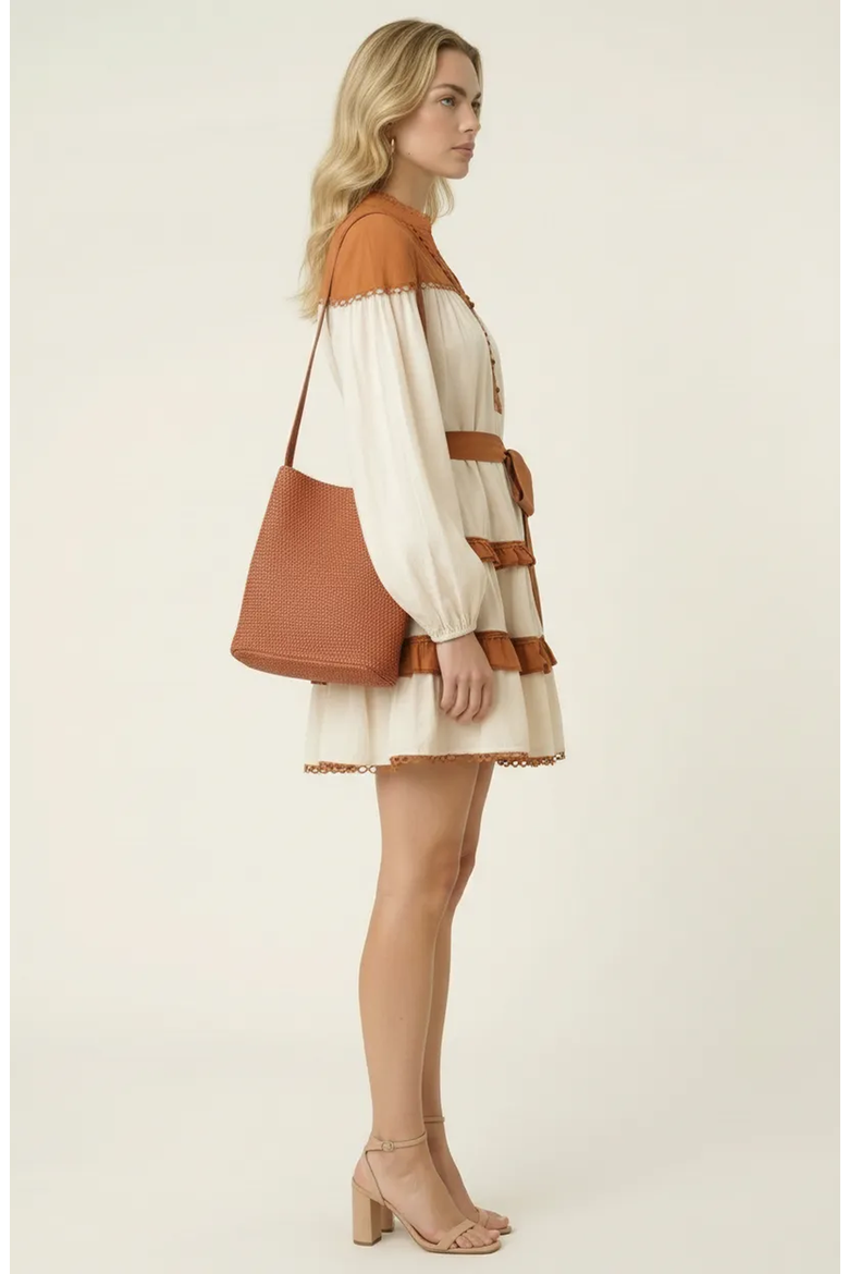 Contrast Trim Mini Dress with Waist Tie and Tiered Skirt, Alternate, color, Off-White / Black