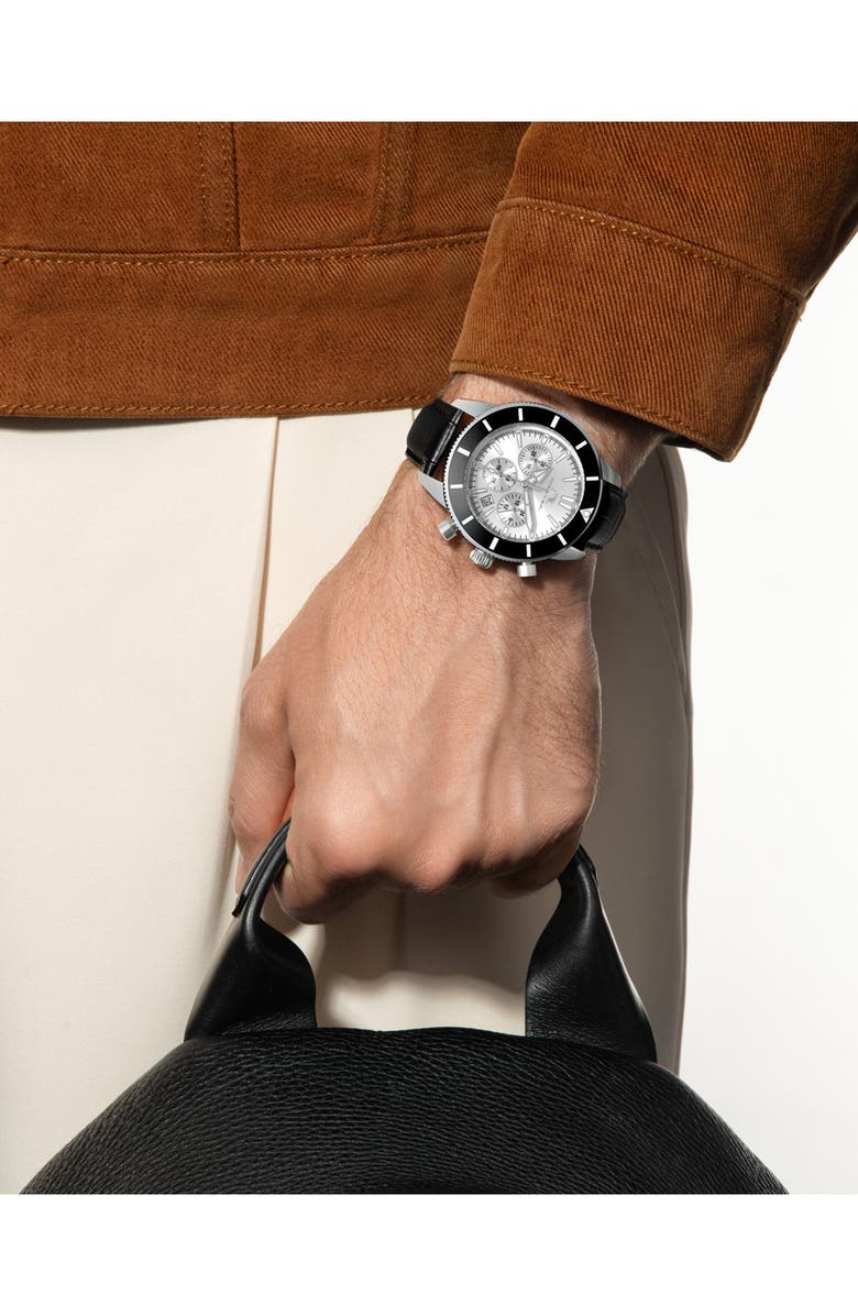 PORSAMO BLEU Brandon Leather Strap Chronograph, 44mm, Alternate, color, Black-Silver