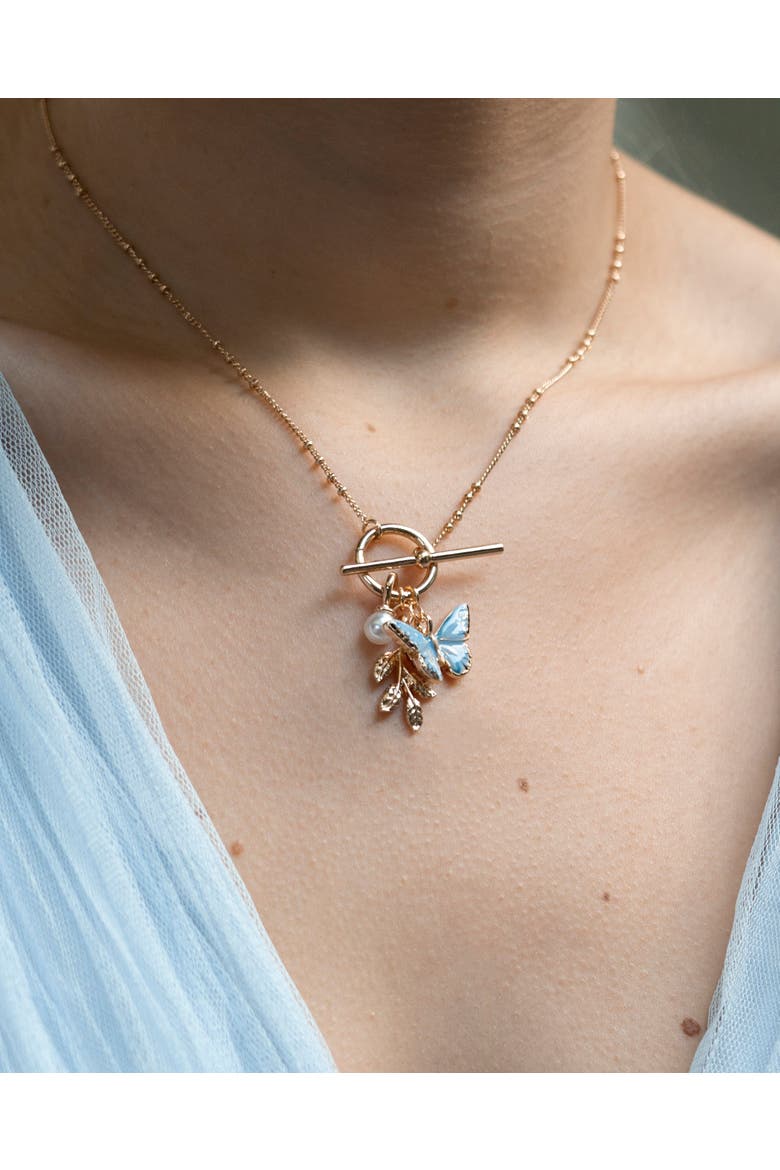 Enamel Blue Butterfly & Leaf Charm Necklace, Alternate, color, Multi & Gold