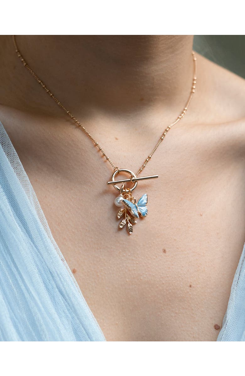 Fable England Enamel Blue Butterfly & Leaf Charm Necklace, Alternate, color, Multi & Gold