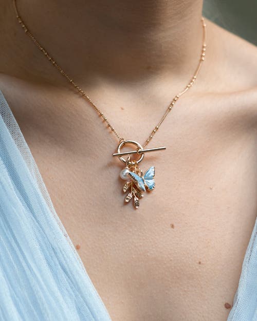 Fable England Enamel Blue Butterfly & Leaf Charm Necklace In Gold