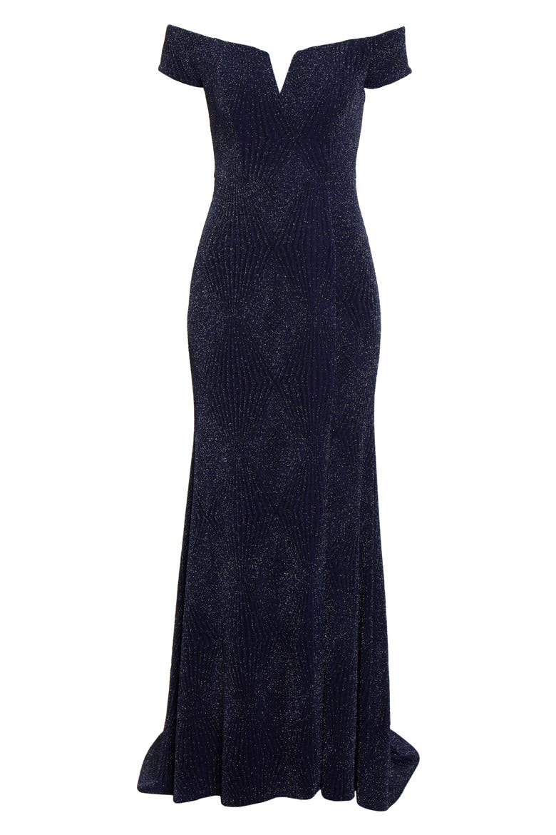 Off the Shoulder Metallic Gown, Alternate, color, NAVY