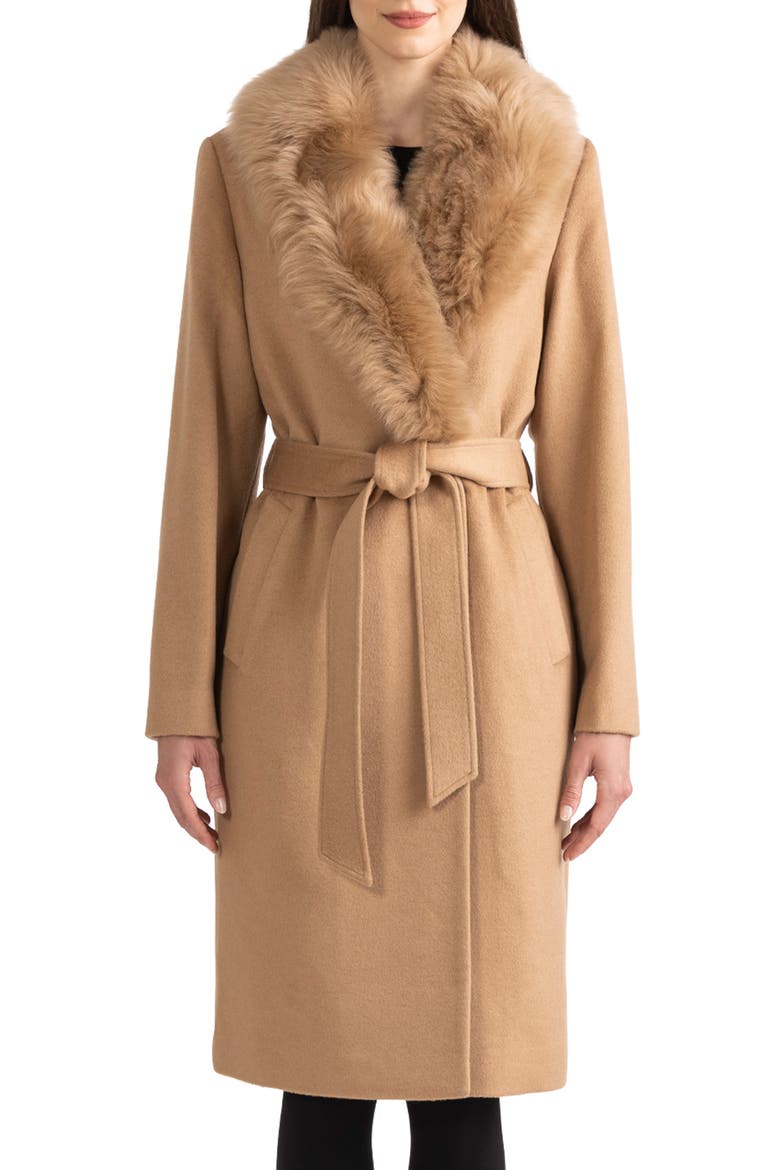 Belted Genuine Shearling Trim Coat, Main, color, CAMEL