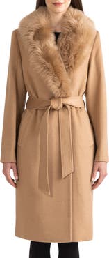 Sofia Cashmere Belted Genuine Shearling Trim Coat