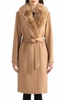 Sofia Cashmere Belted Genuine Shearling Trim Coat