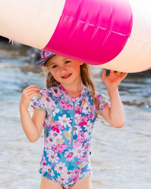 Deux Par Deux Girl's Printed Short Sleeve One-piece Swimsuit With Frills White, Pink, And Green Flow In Blue