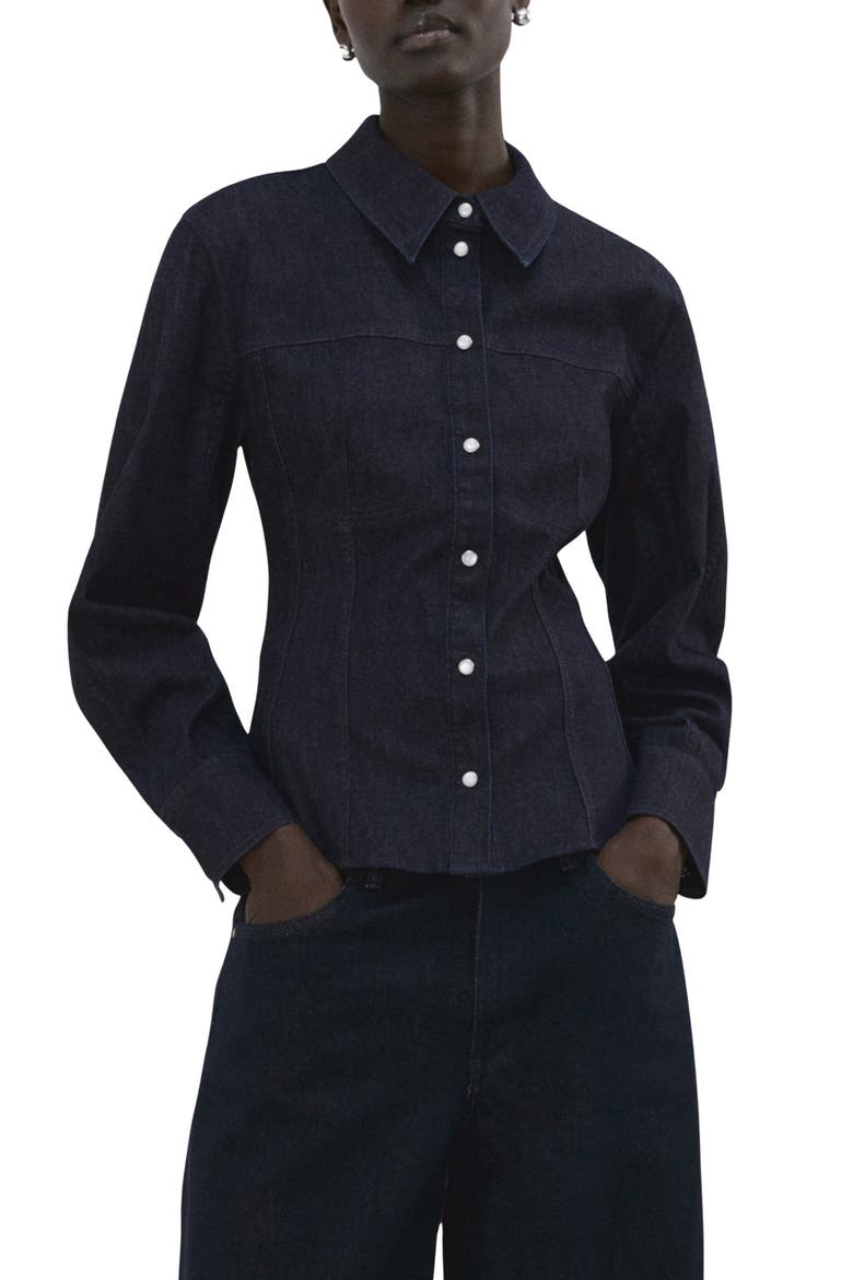 Long Sleeve Denim Shirt with Seams, Main, color, OPEN BLUE