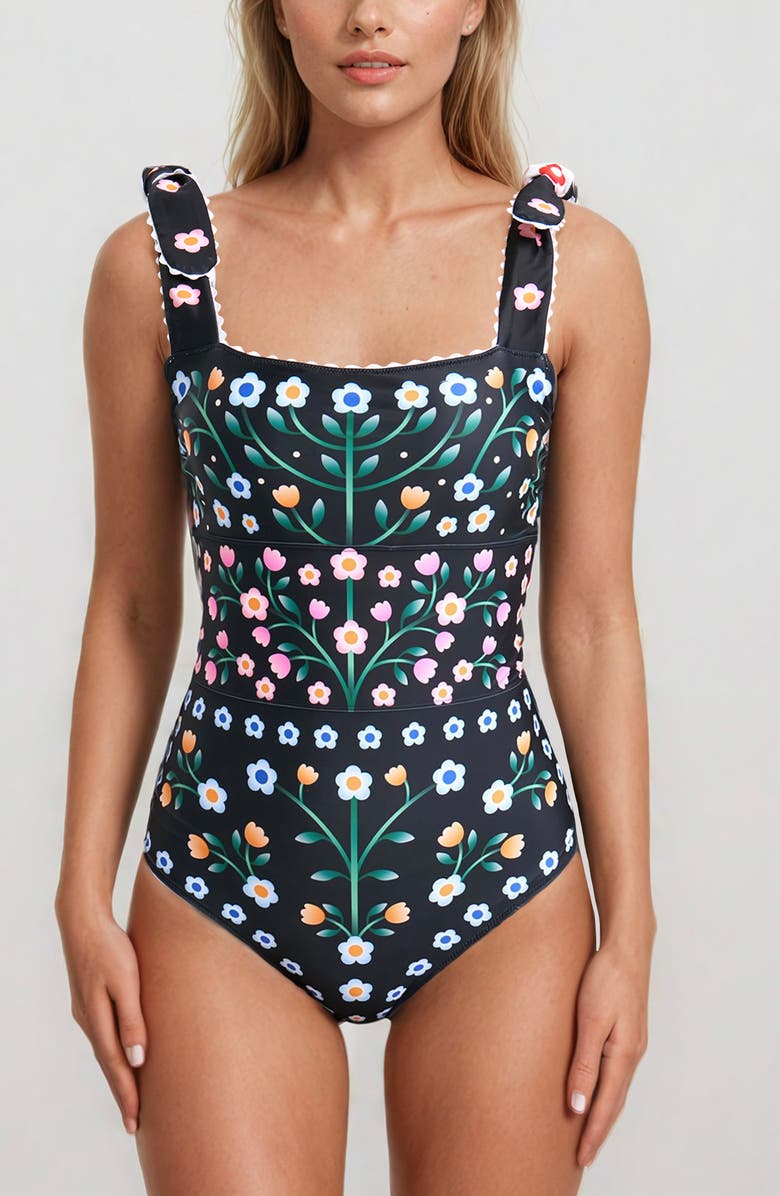 Jessie Zhao New York Day/Night Garden Reversible One-Piece Swimsuit, Main, color, Black