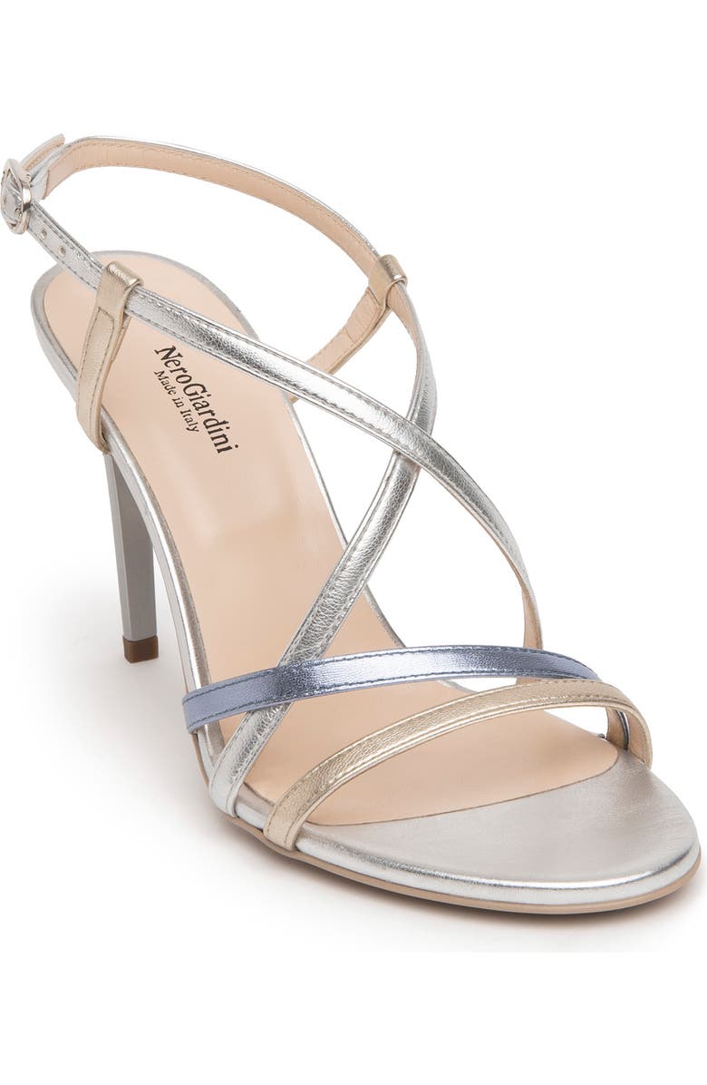 NeroGiardini Asymmetric Strappy Sandal, Main, color, Metallic