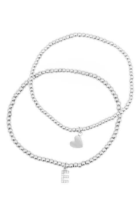 Set of 2 Initial & Heart Charm Stretch Bracelets