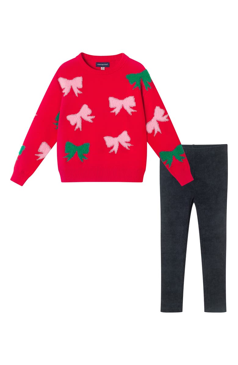 Andy & Evan Kids' Bow Icon Sweater & Leggings Set, Main, color, Red/ Green