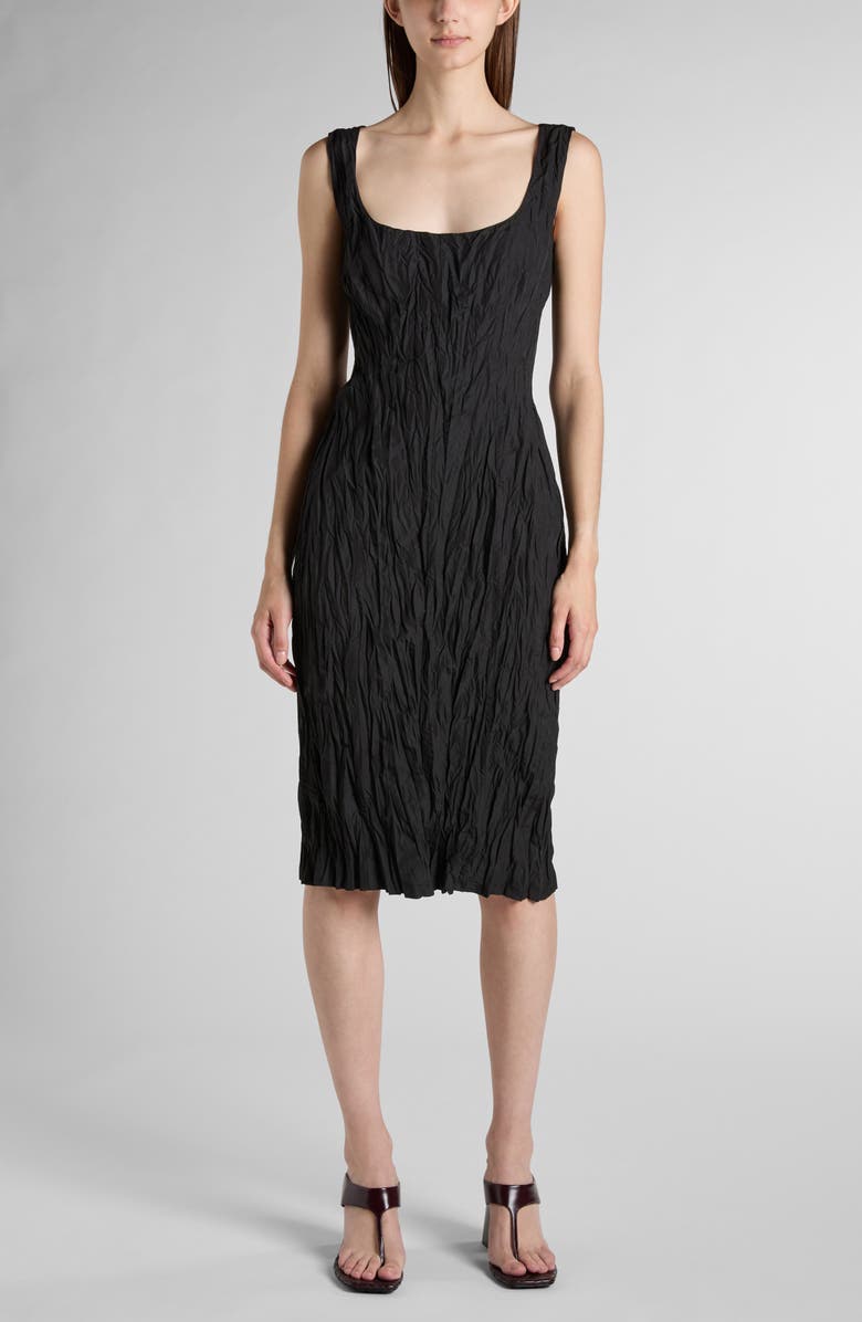 Bottega Veneta Crinkled Scoop Neck Shift Dress, Main, color, 1000 Black