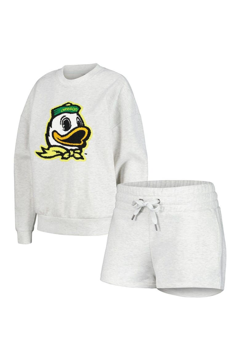 Women's Gameday Couture Ash Oregon Ducks Team Effort Pullover Sweatshirt & Shorts Sleep Set, Main, color, Ash