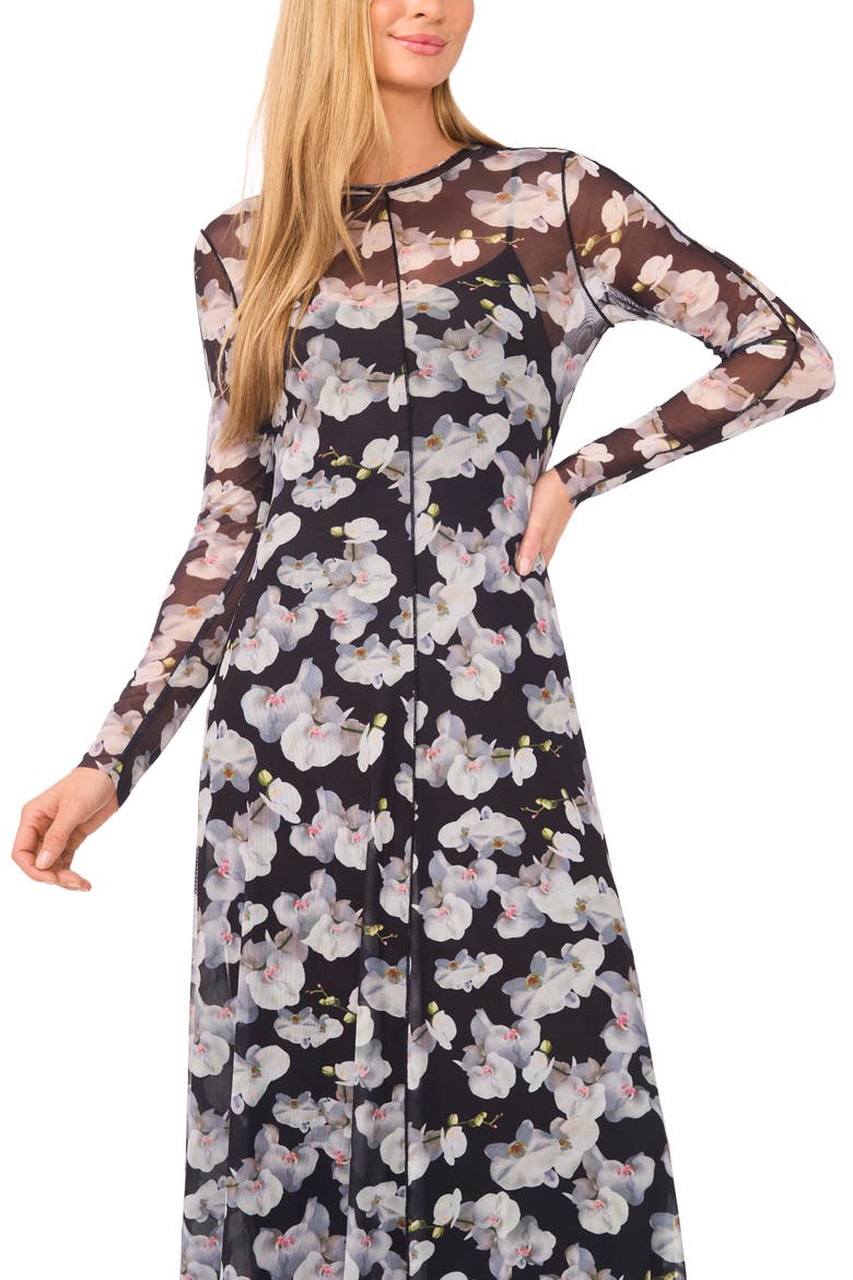 Floral Long Sleeve Mesh Dress, Alternate, color, RICH BLACK