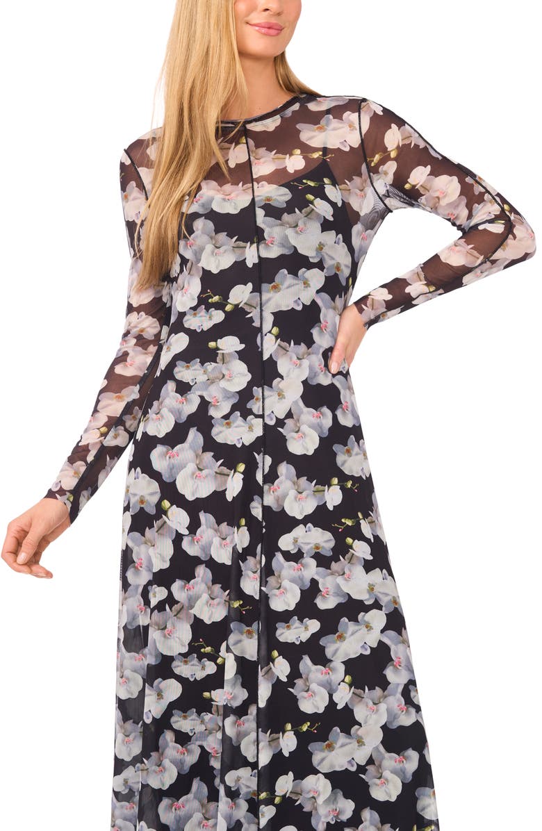 Ted Baker Floral Long Sleeve Mesh Dress, Alternate, color, Rich Black