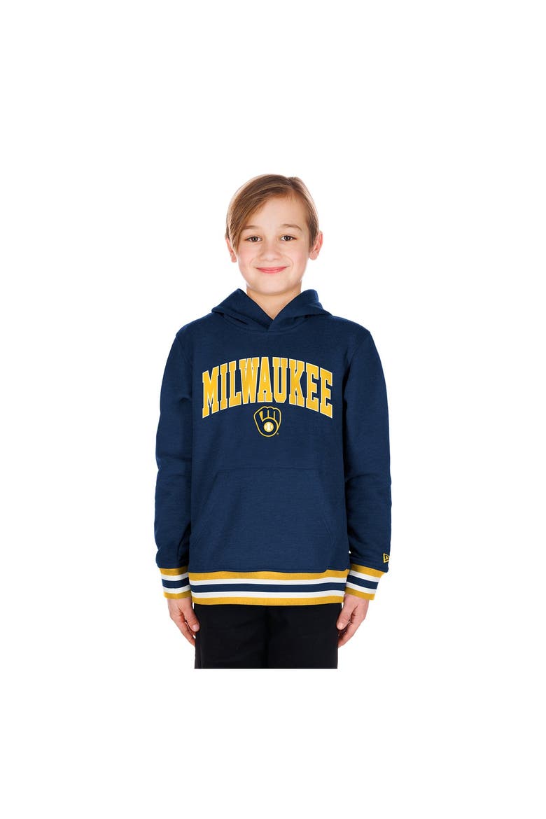 Youth New Era Navy Milwaukee Brewers Knit Trim Pullover Hoodie, Main, color, Navy